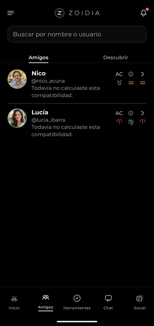 Lista de amigos con su Ascendente, Sol y Luna.