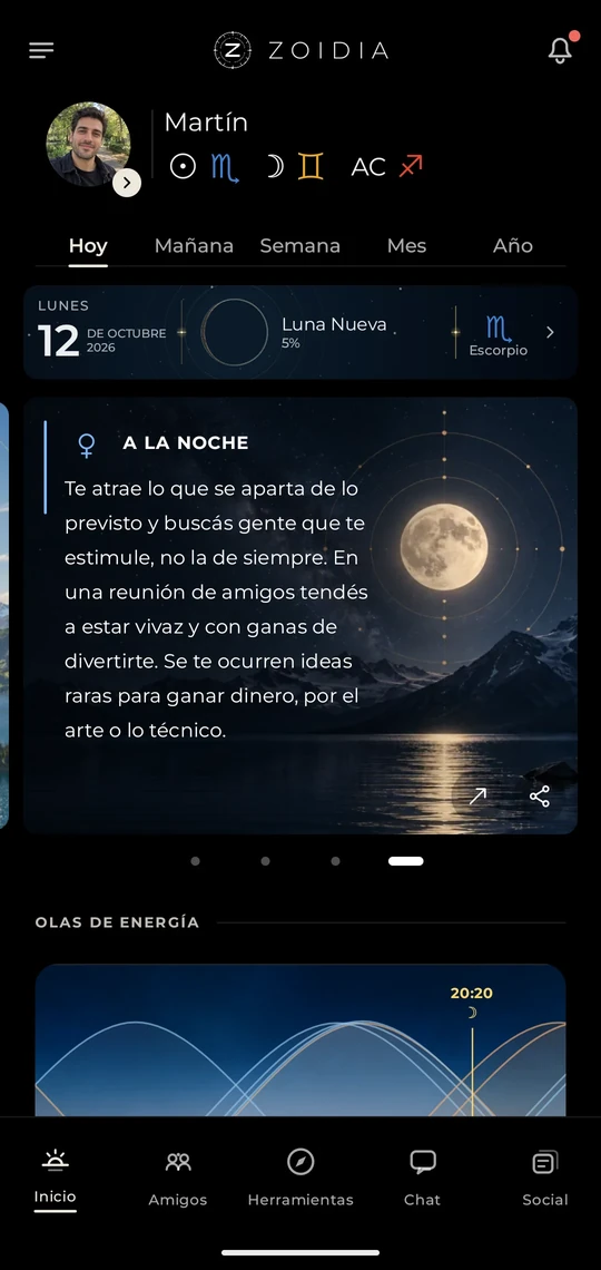 Pantalla Hoy de ZOIDIA: la lectura del día sobre un cielo nocturno.